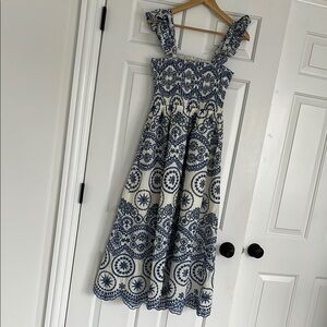 Zara Blue and White Eyelet Embroidered Dress Medium